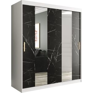 InspireMe - Kledingkast met 2 schuifdeuren, Modern-stijl, Een kledingkast met planken en een spiegel (BxHxD): 180x200x62 - MARMORO POLE 180 Wit Mat + Zwart Marmer