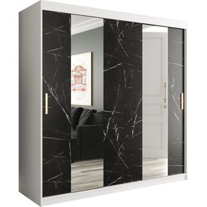 InspireMe - Kledingkast met 2 schuifdeuren, Modern-stijl, Een kledingkast met planken en een spiegel (BxHxD): 200x200x62 - MARMORO POLE 200 Wit Mat + Zwart Marmer