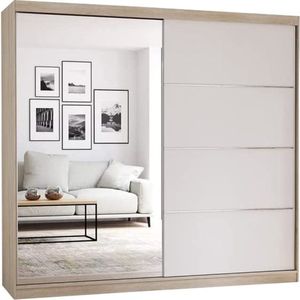 InspireMe- Zweefdeurkast Kledingkast met Spiegel Garderobekast met planken en kledingstang - 203x61x218 cm (BxDxH) - BEN 42 (Sonoma)