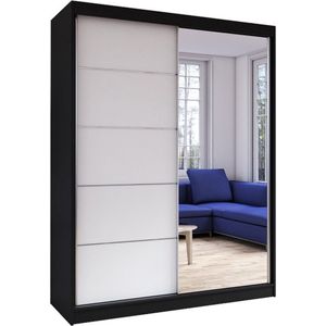 Zweefdeurkast Kledingkast met Spiegel Garderobekast met planken en kledingstang - 150x61x200 cm (BxDxH) - LARA 05 (Zwart + Wit)