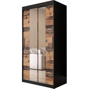 Kledingkast met 2 schuifdeuren, Modern-stijl, Een kledingkast met planken en een spiegel (BxHxD): 100x200x62 - ALTER T1 100 Zwart Mat + Oude Stijl Hout met 2 lades