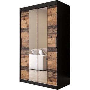 InspireMe - Kledingkast met 2 schuifdeuren, Modern-stijl, Een kledingkast met planken en een spiegel (BxHxD): 120x200x62 - ALTER T1 120 Zwart Mat + Oude Stijl Hout met 2 lades