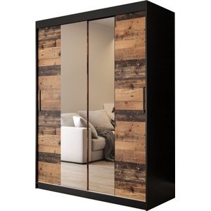 InspireMe - Kledingkast met 2 schuifdeuren, Modern-stijl, Een kledingkast met planken en een spiegel (BxHxD): 150x200x62 - ALTER T1 150 Zwart Mat + Oude Stijl Hout