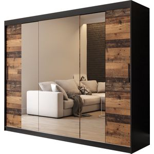 InspireMe - Kledingkast met 3 schuifdeuren, Modern-stijl, Een kledingkast met planken en een spiegel (BxHxD): 250x200x62 - ALTER T2 250 Zwart Mat + Oude Stijl Hout met 4 lades