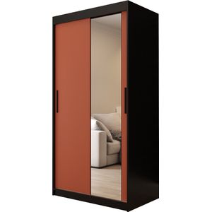 InspireMe - Kledingkast met 2 schuifdeuren, Modern-stijl, Een kledingkast met planken en een spiegel (BxHxD): 100x200x62 - PASTEL T2 100 Zwart Mat + Salsa