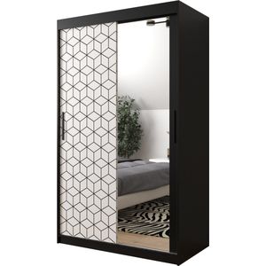 InspireMe - Kledingkast met 2 schuifdeuren, Modern-stijl, Een kledingkast met planken en een spiegel (BxHxD): 120x200x62 - GIPS T2 120 Zwart Mat + Wit Mat