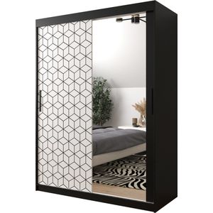 InspireMe - Kledingkast met 2 schuifdeuren, Modern-stijl, Een kledingkast met planken en een spiegel (BxHxD): 150x200x62 - GIPS T2 150 Zwart Mat + Wit Mat