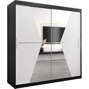 InspireMe - Kledingkast met 2 schuifdeuren, Modern-stijl, Een kledingkast met planken en een spiegel (BxHxD): 200x200x62 - TOTO 200 Zwart Mat + Wit Mat met 4 lades