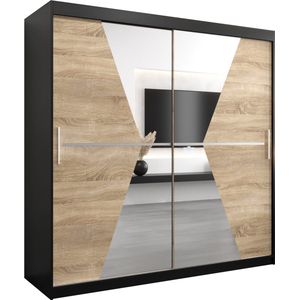 InspireMe - Kledingkast met 2 schuifdeuren, Modern-stijl, Een kledingkast met planken en een spiegel (BxHxD): 200x200x62 - TOTO 200 Zwart Mat + Sonoma Eik met 4 lades