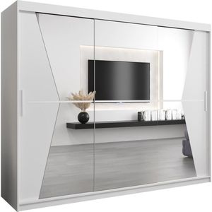 InspireMe - Kledingkast met 3 schuifdeuren, Modern-stijl, Een kledingkast met planken en een spiegel (BxHxD): 250x200x62 - TOTO 250 Wit Mat mat 4 lades