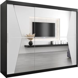 InspireMe - Kledingkast met 3 schuifdeuren, Modern-stijl, Een kledingkast met planken en een spiegel (BxHxD): 250x200x62 - TOTO 250 Zwart Mat + Wit Mat mat 4 lades
