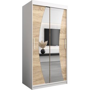 InspireMe - Kledingkast met 2 schuifdeuren, Modern-stijl, Een kledingkast met planken en een spiegel (BxHxD): 100x200x62 - KAHUNA 100 Wit Mat + Sonoma Eik met 2 lades