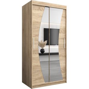 InspireMe - Kledingkast met 2 schuifdeuren, Modern-stijl, Een kledingkast met planken en een spiegel (BxHxD): 100x200x62 - KAHUNA 100 Sonoma Eik met 2 lades