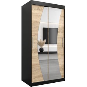InspireMe - Kledingkast met 2 schuifdeuren, Modern-stijl, Een kledingkast met planken en een spiegel (BxHxD): 100x200x62 - KAHUNA 100 Zwart Mat + Sonoma Eik met 2 lades
