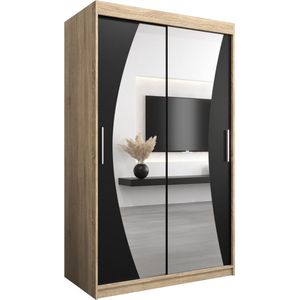 InspireMe - Kledingkast met 2 schuifdeuren, Modern-stijl, Een kledingkast met planken en een spiegel (BxHxD): 120x200x62 - KAHUNA 120 Sonoma Eik + Zwart Mat met 2 lades