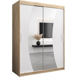 InspireMe - Kledingkast met 2 schuifdeuren, Modern-stijl, Een kledingkast met planken en een spiegel (BxHxD): 150x200x62 - KAHUNA 150 Sonoma Eik + Wit Mat met 2 lades