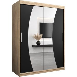InspireMe - Kledingkast met 2 schuifdeuren, Modern-stijl, Een kledingkast met planken en een spiegel (BxHxD): 150x200x62 - KAHUNA 150 Sonoma Eik + Zwart Mat met 2 lades