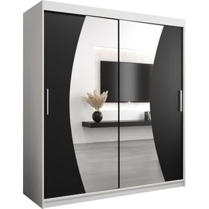 InspireMe - Kledingkast met 2 schuifdeuren, Modern-stijl, Een kledingkast met planken en een spiegel (BxHxD): 180x200x62 - KAHUNA 180 Wit Mat + Zwart met 4 lades