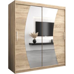 InspireMe - Kledingkast met 2 schuifdeuren, Modern-stijl, Een kledingkast met planken en een spiegel (BxHxD): 180x200x62 - KAHUNA 180 Sonoma Eik met 4 lades