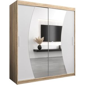 InspireMe - Kledingkast met 2 schuifdeuren, Modern-stijl, Een kledingkast met planken en een spiegel (BxHxD): 180x200x62 - KAHUNA 180 Sonoma Eik + Wit Mat met 4 lades