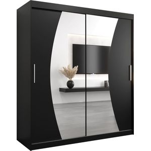 InspireMe - Kledingkast met 2 schuifdeuren, Modern-stijl, Een kledingkast met planken en een spiegel (BxHxD): 180x200x62 - KAHUNA 180 Zwart Mat met 4 lades