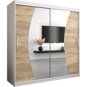 InspireMe - Kledingkast met 2 schuifdeuren, Modern-stijl, Een kledingkast met planken en een spiegel (BxHxD): 200x200x62 - KAHUNA 200 Wit Mat + Sonoma Eik met 4 lades