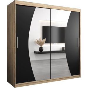 InspireMe - Kledingkast met 2 schuifdeuren, Modern-stijl, Een kledingkast met planken en een spiegel (BxHxD): 200x200x62 - KAHUNA 200 Sonoma Eik + Zwart Mat met 4 lades