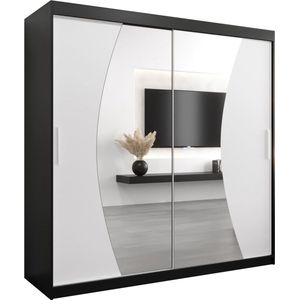 InspireMe - Kledingkast met 2 schuifdeuren, Modern-stijl, Een kledingkast met planken en een spiegel (BxHxD): 200x200x62 - KAHUNA 200 Zwart Mat + Wit Mat met 4 lades