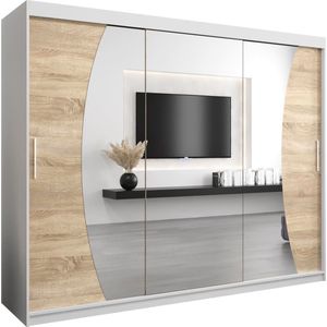 InspireMe - Kledingkast met 3 schuifdeuren, Modern-stijl, Een kledingkast met planken en een spiegel (BxHxD): 250x200x62 - KAHUNA 250 Wit Mat + Sonoma Eik mat 4 lades