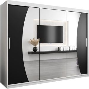 InspireMe - Kledingkast met 3 schuifdeuren, Modern-stijl, Een kledingkast met planken en een spiegel (BxHxD): 250x200x62 - KAHUNA 250 Wit Mat + Zwart mat 4 lades
