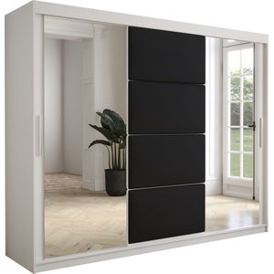 InspireMe - Kledingkast met 3 schuifdeuren, Modern-stijl, Kledingkast met planken, Kastfronten met spiegel en gestoffeerde panelen (BxHxD): 250x200x62 - TAPILA 250 - Wit Mat + Zwart met 4 lades