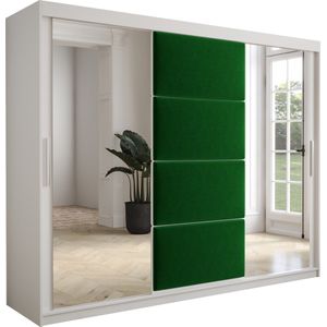 InspireMe - Kledingkast met 3 schuifdeuren, Modern-stijl, Kledingkast met planken, Kastfronten met spiegel en gestoffeerde panelen (BxHxD): 250x200x62 - TAPILA 250 - Wit Mat + Groente met 4 lades