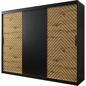 InspireMe - Kledingkast met 3 schuifdeuren, Modern-stijl, Een kledingkast met planken (BxHxD): 250x200x62 - LIMBA 250 Zwart Mat + Artisan Eik met 4 lades