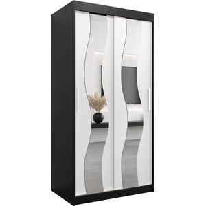 InspireMe - Kledingkast met 2 schuifdeuren, Modern-stijl, Een kledingkast met planken en een spiegel (BxHxD): 100x200x62 - REESE 100 Zwart Mat + Wit Mat met 2 lades