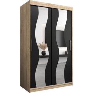 InspireMe - Kledingkast met 2 schuifdeuren, Modern-stijl, Een kledingkast met planken en een spiegel (BxHxD): 120x200x62 - REESE 120 Sonoma Eik + Zwart Mat met 2 lades