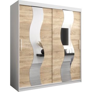 InspireMe - Kledingkast met 2 schuifdeuren, Modern-stijl, Een kledingkast met planken en een spiegel (BxHxD): 180x200x62 - REESE 180 Wit Mat + Sonoma Eik met 4 lades