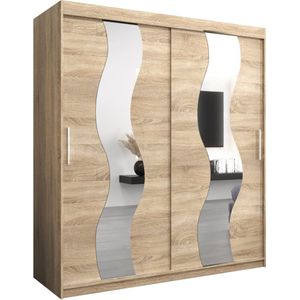 InspireMe - Kledingkast met 2 schuifdeuren, Modern-stijl, Een kledingkast met planken en een spiegel (BxHxD): 180x200x62 - REESE 180 Sonoma Eik met 4 lades