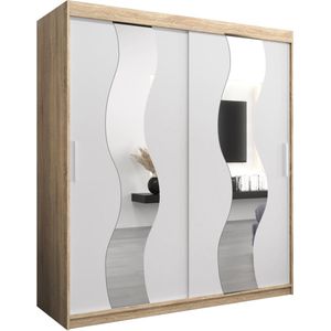 InspireMe - Kledingkast met 2 schuifdeuren, Modern-stijl, Een kledingkast met planken en een spiegel (BxHxD): 180x200x62 - REESE 180 Sonoma Eik + Wit Mat met 4 lades