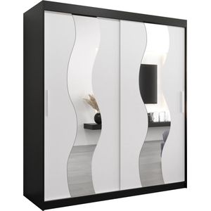 InspireMe - Kledingkast met 2 schuifdeuren, Modern-stijl, Een kledingkast met planken en een spiegel (BxHxD): 180x200x62 - REESE 180 Zwart Mat + Wit Mat met 4 lades