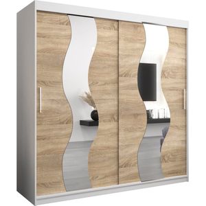 InspireMe - Kledingkast met 2 schuifdeuren, Modern-stijl, Een kledingkast met planken en een spiegel (BxHxD): 200x200x62 - REESE 200 Wit Mat + Sonoma Eik met 4 lades