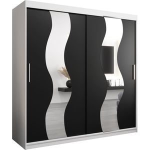 InspireMe - Kledingkast met 2 schuifdeuren, Modern-stijl, Een kledingkast met planken en een spiegel (BxHxD): 200x200x62 - REESE 200 Wit Mat + Zwart met 4 lades
