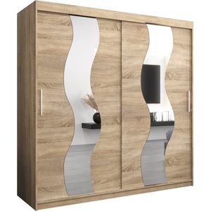 InspireMe - Kledingkast met 2 schuifdeuren, Modern-stijl, Een kledingkast met planken en een spiegel (BxHxD): 200x200x62 - REESE 200 Sonoma Eik met 4 lades