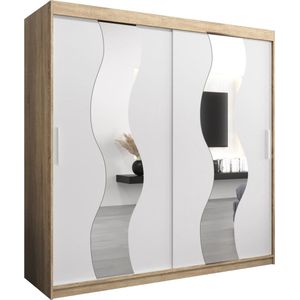 InspireMe - Kledingkast met 2 schuifdeuren, Modern-stijl, Een kledingkast met planken en een spiegel (BxHxD): 200x200x62 - REESE 200 Sonoma Eik + Wit Mat met 4 lades