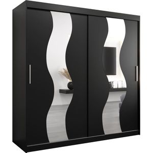 InspireMe - Kledingkast met 2 schuifdeuren, Modern-stijl, Een kledingkast met planken en een spiegel (BxHxD): 200x200x62 - REESE 200 Zwart Mat met 4 lades