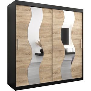 InspireMe - Kledingkast met 2 schuifdeuren, Modern-stijl, Een kledingkast met planken en een spiegel (BxHxD): 200x200x62 - REESE 200 Zwart Mat + Sonoma Eik met 4 lades