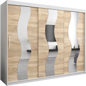 InspireMe - Kledingkast met 3 schuifdeuren, Modern-stijl, Een kledingkast met planken en een spiegel (BxHxD): 250x200x62 - REESE 250 Wit Mat + Sonoma Eik met 4 lades