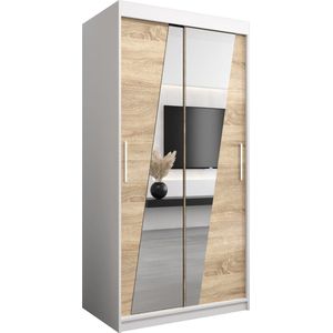 InspireMe - Kledingkast met 2 schuifdeuren, Modern-stijl, Een kledingkast met planken en een spiegel (BxHxD): 100x200x62 - THOR 100 Wit Mat + Sonoma Eik