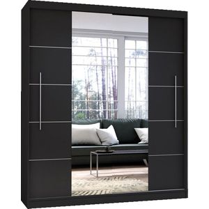 Zweefdeurkast Kledingkast met Spiegel Garderobekast met planken en kledingstang - 204x58x218 cm (BxDxH) -NICO 03 (Zwart)