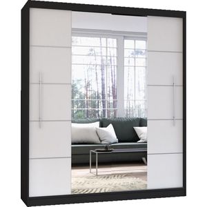 Zweefdeurkast Kledingkast met Spiegel Garderobekast met planken en kledingstang - 204x58x218 cm (BxDxH) -NICO 03 (Zwart + Wit)