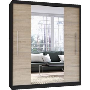 Zweefdeurkast Kledingkast met Spiegel Garderobekast met planken en kledingstang - 204x58x218 cm (BxDxH) -NICO 03 (Zwart + Sonoma)